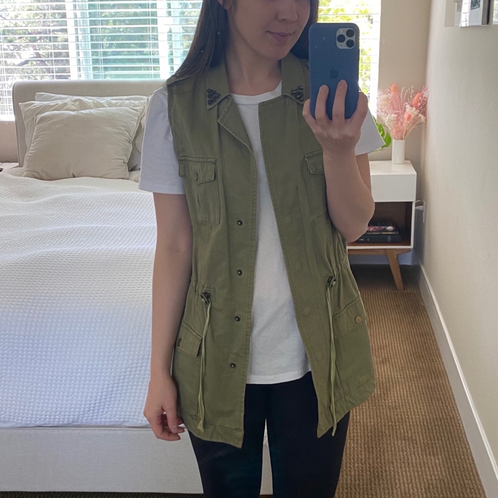 Army Green Studded Collar Detail Vest